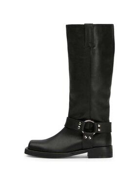 Women's Black Knee High Boots Slip On Riding Boots With Buckle Sexy Squared Toe